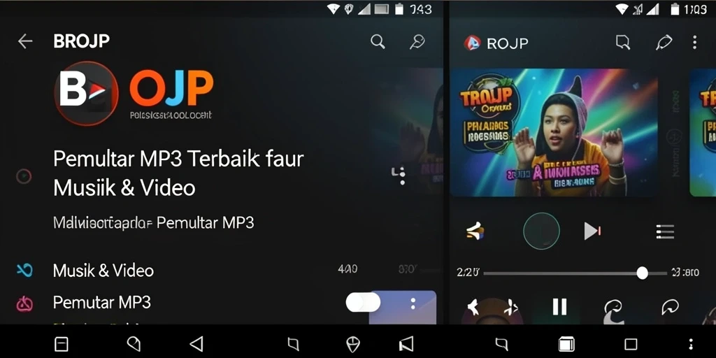 Tampilan antarmuka aplikasi BROJP dengan fitur Pemutar MP3 yang menarik.