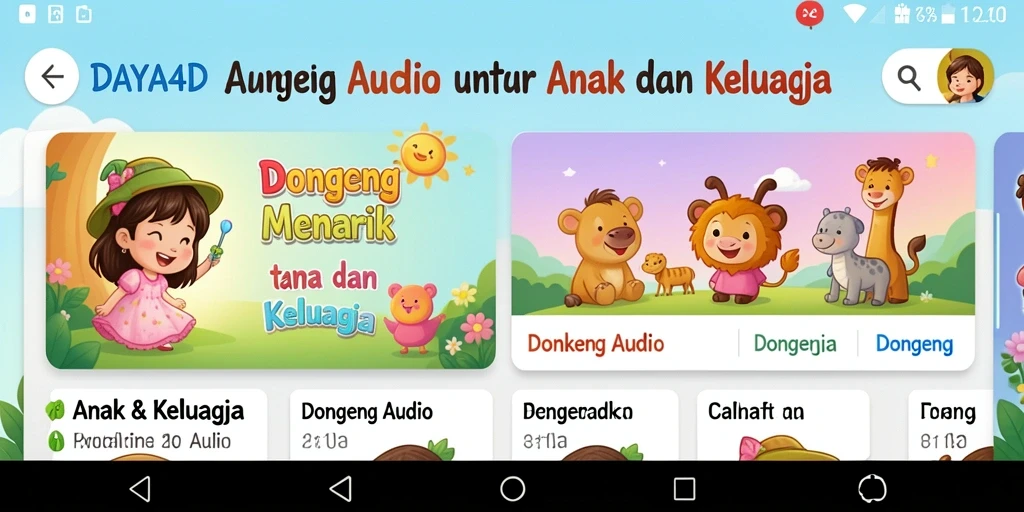 Antarmuka aplikasi DAYA4D yang menyajikan dongeng audio untuk anak-anak.