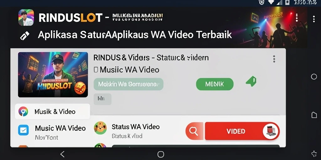 Tampilan antarmuka aplikasi RINDUSLOT yang user-friendly untuk Status WA Video.